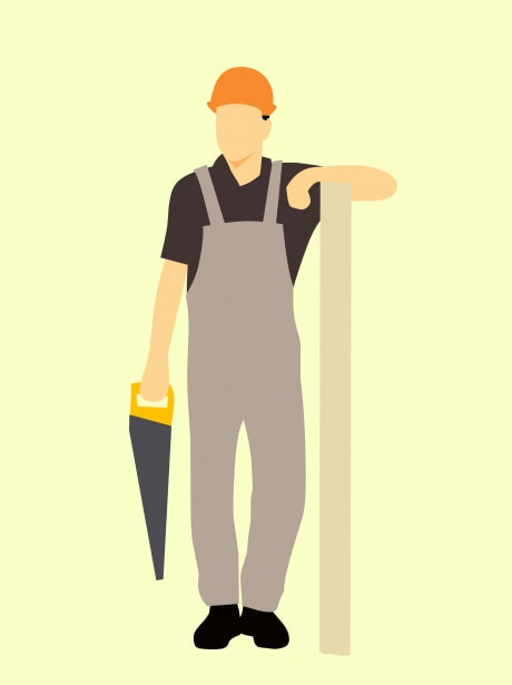 cartoon man with carpentry tools and wood